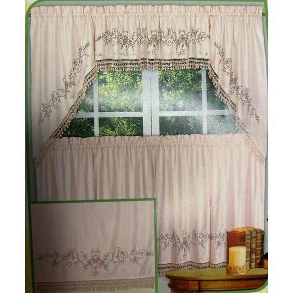 Curtains Blush Pink Embroidered Floral Swags Cottagecore Farmhouse Midcentury - Picture 12 of 12